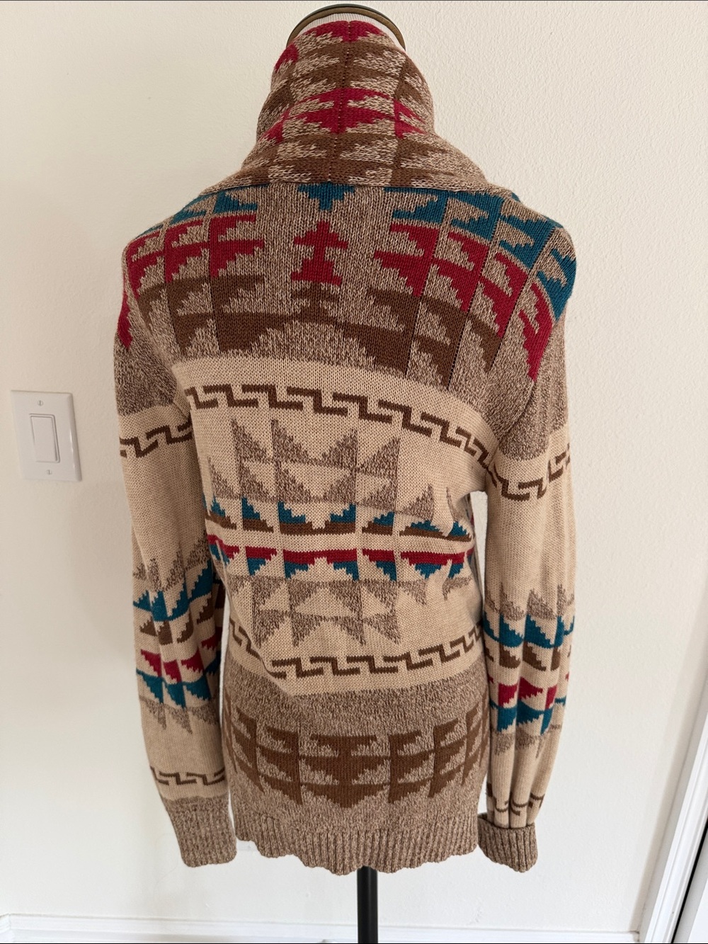 Pendleton Beige Aztec Shawl Collar Cardigan with Teal & Red Accents - Picture 5 of 7